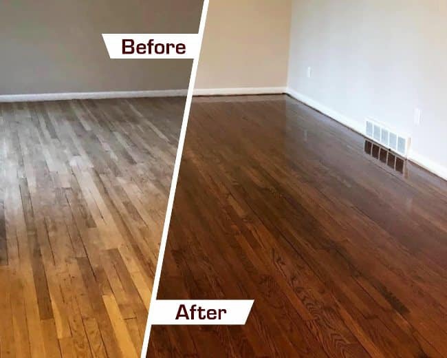 Before and after of hardwood floor refinishing.