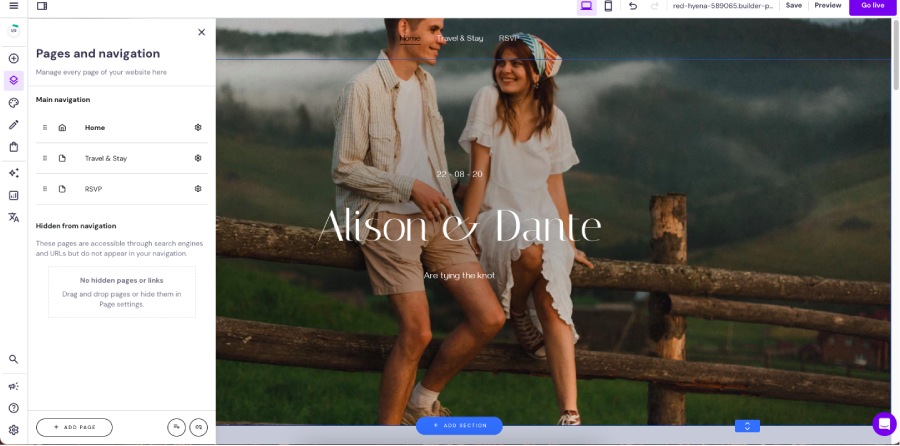 Designing a wedding website using a template in the Hostinger editor.