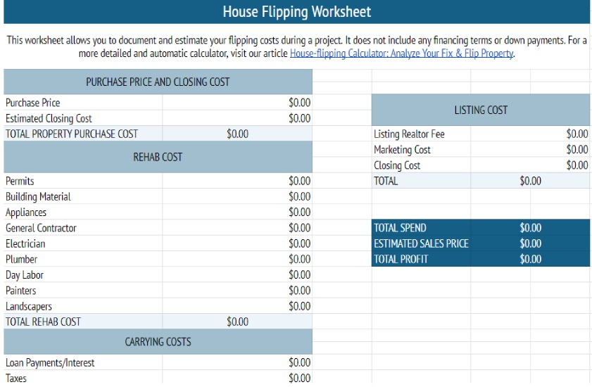 Preview of House Flipping Worksheet.