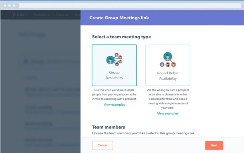 An example of how HubSpot CRM users can create a group meetings link using its meeting scheduling tool.