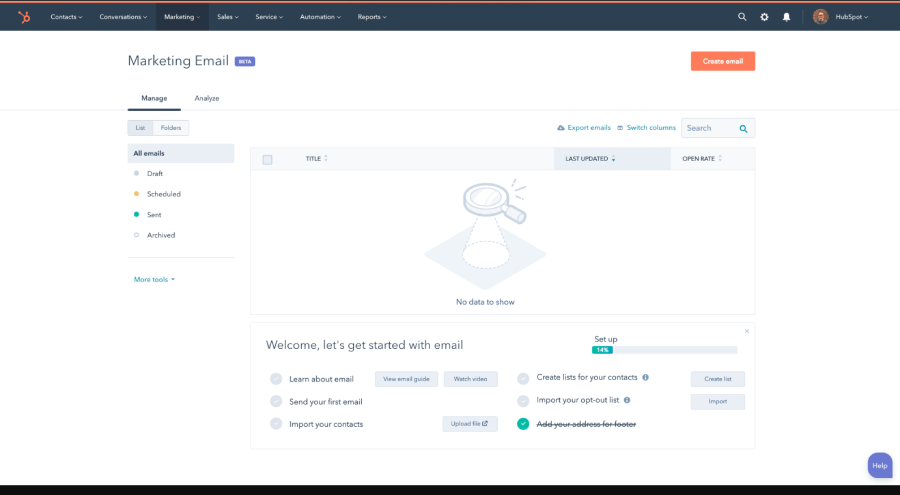 HubSpot CRM's marketing tools with update tracking and open rate analytics.