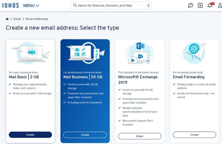 Screenshot showing the options to make an email account on IONOS.
