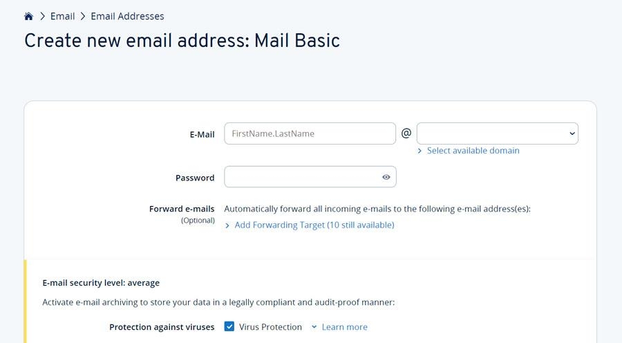 Screenshot showing how to create an email address on IONOS.