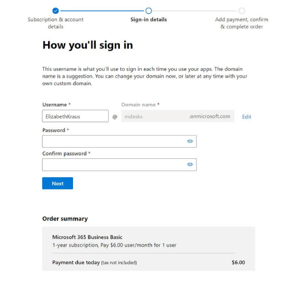 Screenshot of adding a username and domain to create a free business email account in Microsoft 365