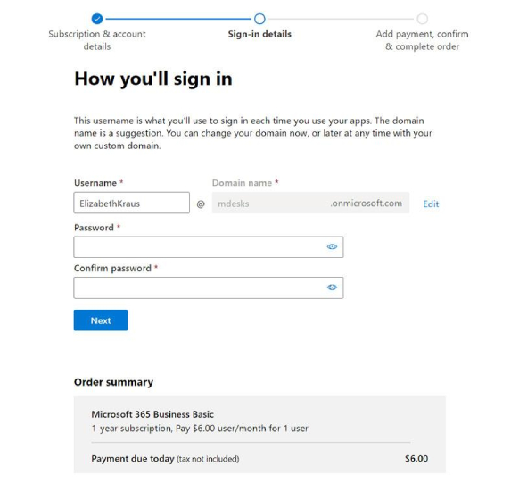 Setting up sign-in details on Microsoft 365.