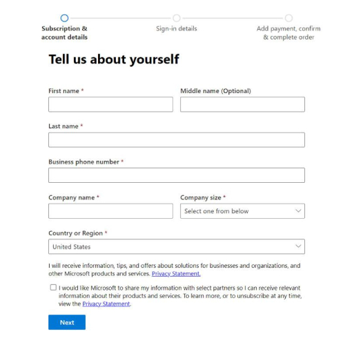 Screenshot of personal info fields for Microsoft 365 Outlook setup