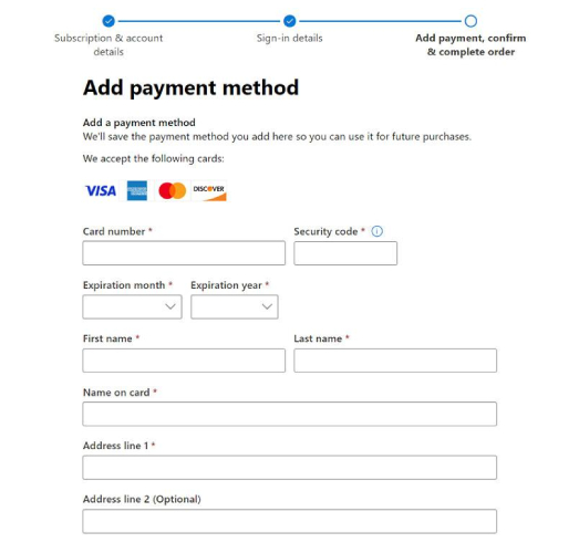 Screenshot of payment info required for a Microsoft 365 account