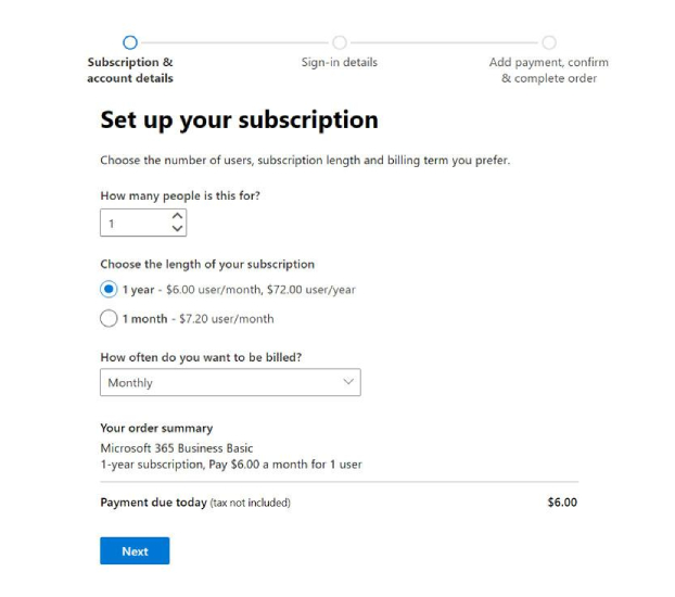 Screenshot showing the first step in setting up Microsoft 365 Outlook email