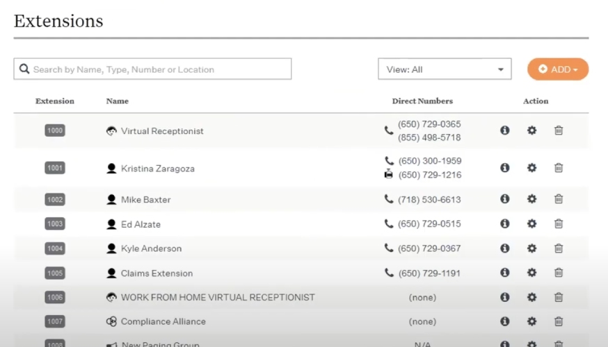 A list of phone extensions in Ooma Office with direct numbers, name, and extension number.