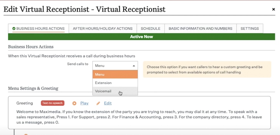 A screenshot of how to configure the virtual receptionists in Ooma.