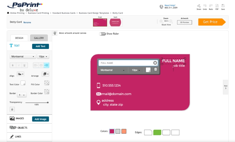 Interface of PSPrint's business card design platform
