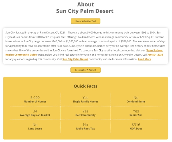 Example real estate community page on Palm Desert.