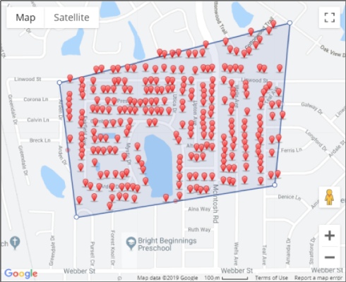 A map with pins showing a targeted neighborhood.