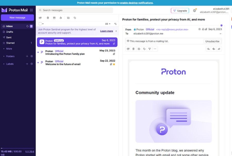 The interface of Proton Mail's email inbox