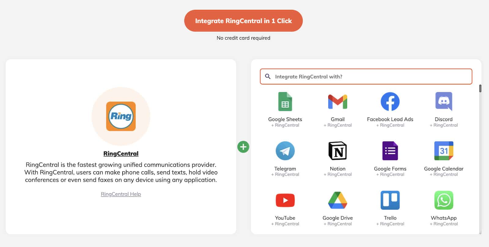 A webpage on Integrately showing a button that says "Integrate RingCentral in 1 click," and two boxes under the button: RingCentral's logo and app description on the left box and logos of different software solutions on the right.