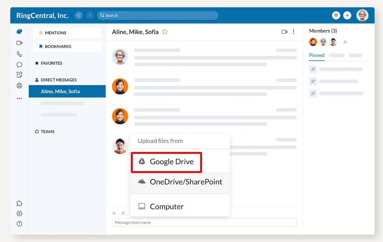 RingCentral interface showing a chat window and the file upload dialog box with a red box highlighting the Google Drive option.