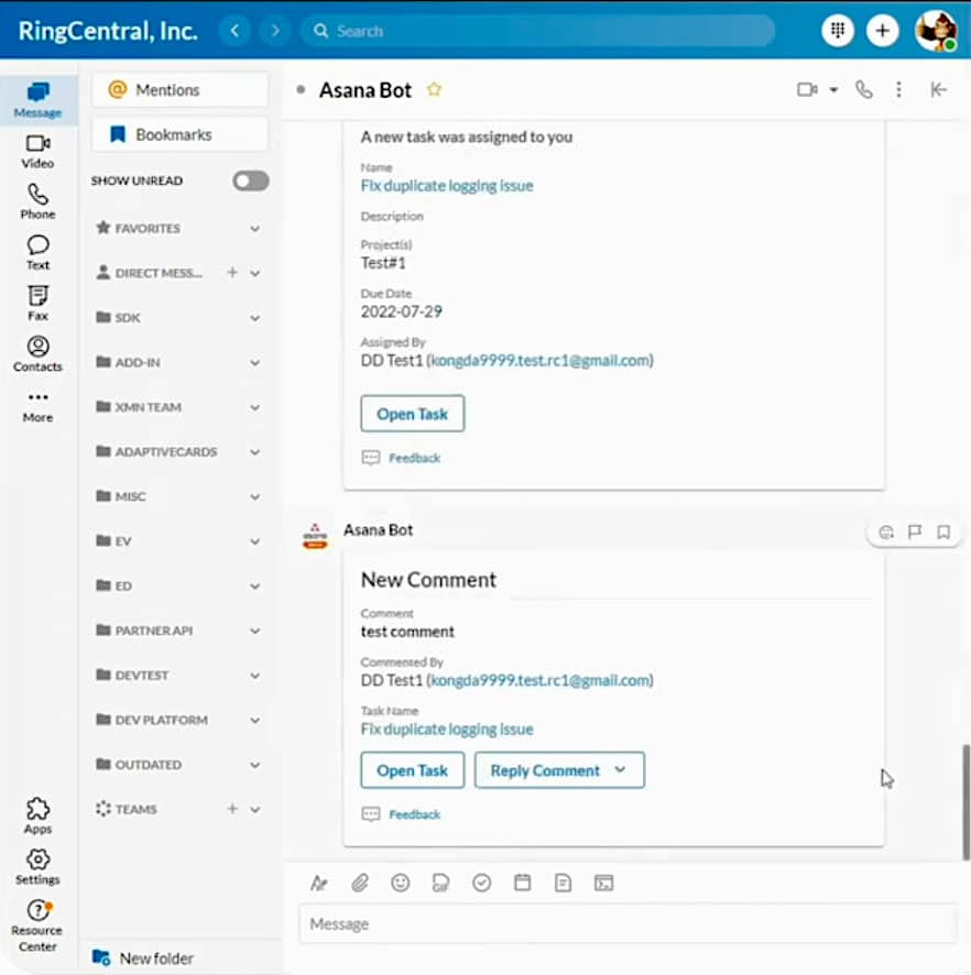RingCentral interface showing a conversation thread with Asana Bot.