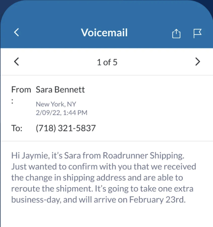 A screenshot of the RingCentral visual voicemail feature with transcription.
