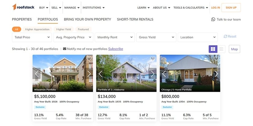The Roofstock dashboard with available properties for sale.