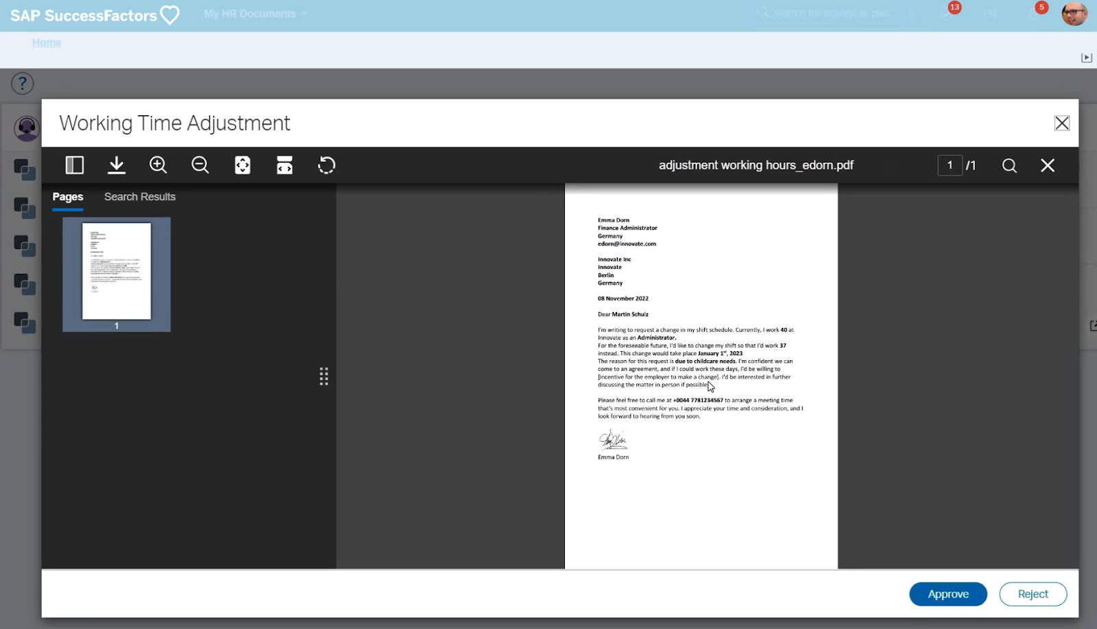 Screenshot of SAP SuccessFactors document management showing approving a document.