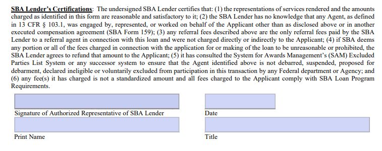 A screenshot of the SBA lender signature section of SBA Form 159