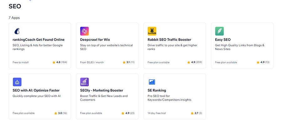 Screenshot of SEO apps available in the Wix marketplace.