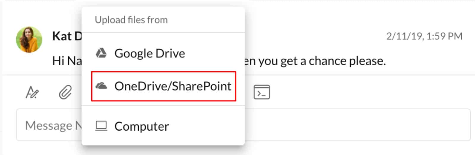 RingCentral interface showing the file upload dialog box with a red box highlighting the OneDrive/SharePoint option.