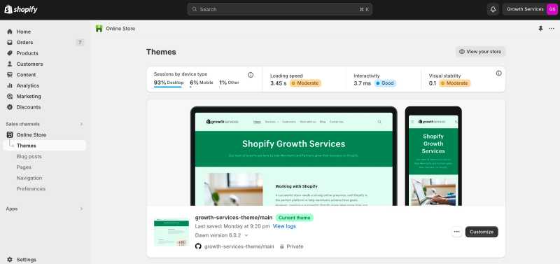 Shopify dashboard showing online store theme and web performance core vitals.