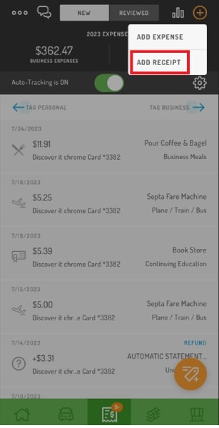 Screen showing how to capture expense receipts through Hurdlr's mobile app.
