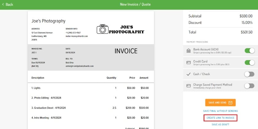 Screen showing how to create an invoice link in Hurdlr.