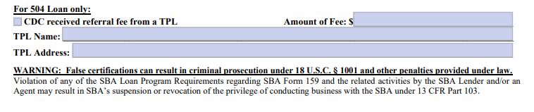 A screenshot of the special section of SBA form 159 for SBA 504 loans.