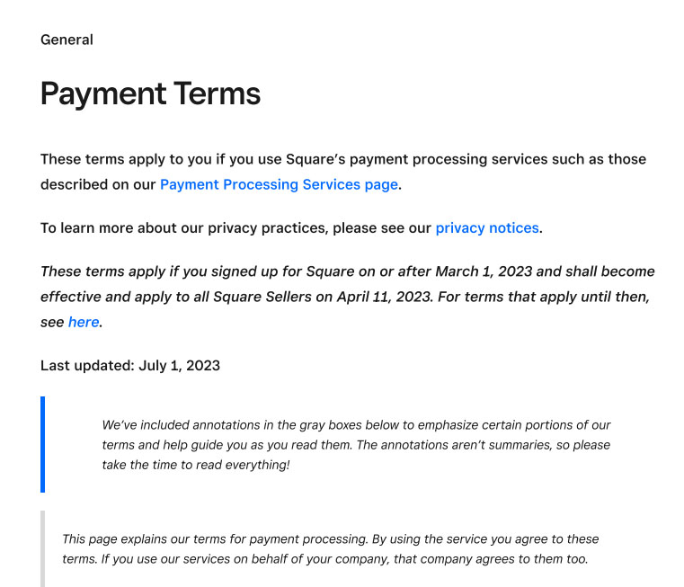 Square Payment Services Terms of Service.