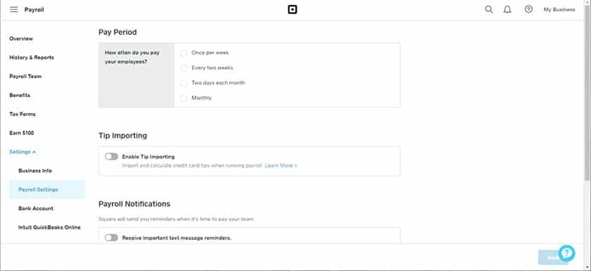 Square’s payroll management settings offer various customization options such as tip importing, payroll notifications, and payout methods.