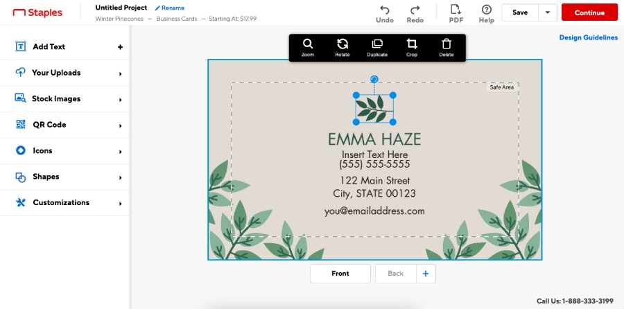 Interface of Staples' business card design platform.