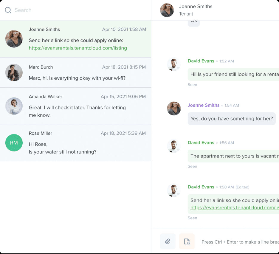 Screenshot of TenantCloud TC Messenger chats.