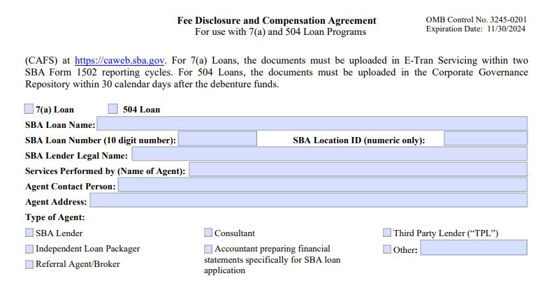 A screenshot of the top half of SBA Form 159