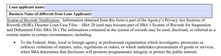 A screenshot of the Top half of SBA Form 159D for SBA disaster loans