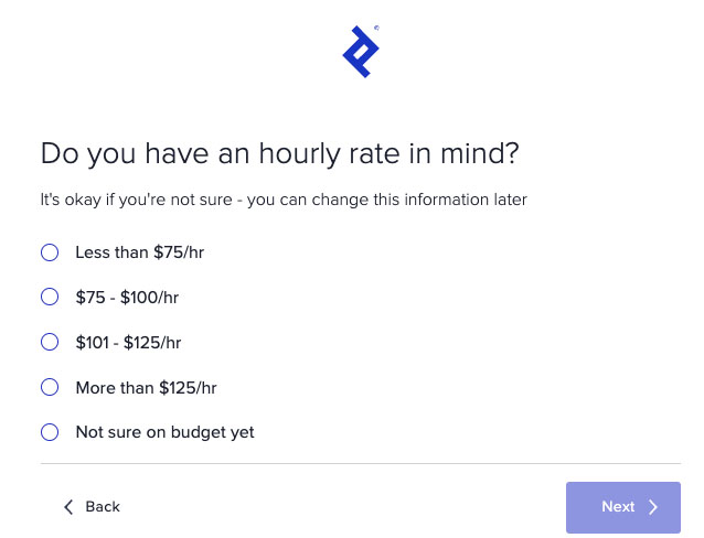 Toptal question, "Do you have an hourly rate in mind?" and five choices.