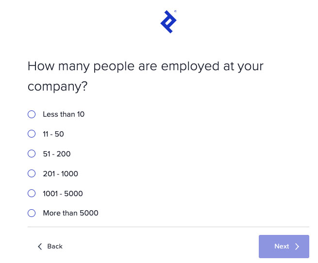Toptal question, "How many people are employed at your company?" and six options.