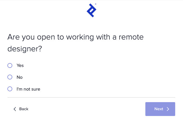 Toptal question, "Are you open to working with a remote designer?" and three options.