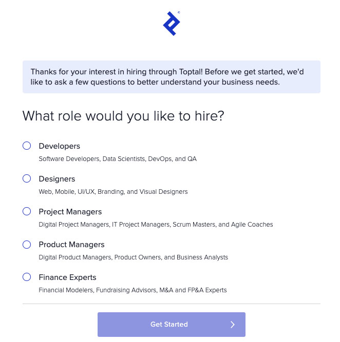 Getting started question in Toptal that says "What role would you like to hire?" and five choices.