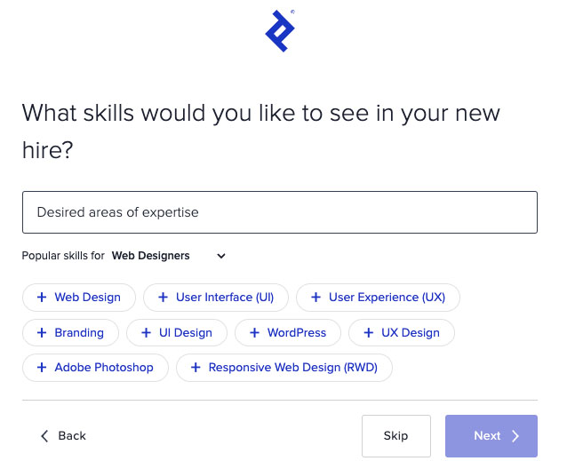 Toptal question, "What skills would you like to see in your new hire?" and several options.