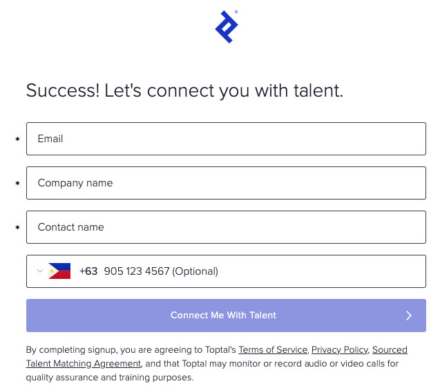 Toptal sign up page with text, "Sucess! Let's connect you with talent" with blank sign up details.