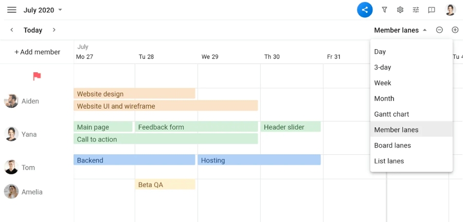 Calendar interface with a dropdown of member lanes.