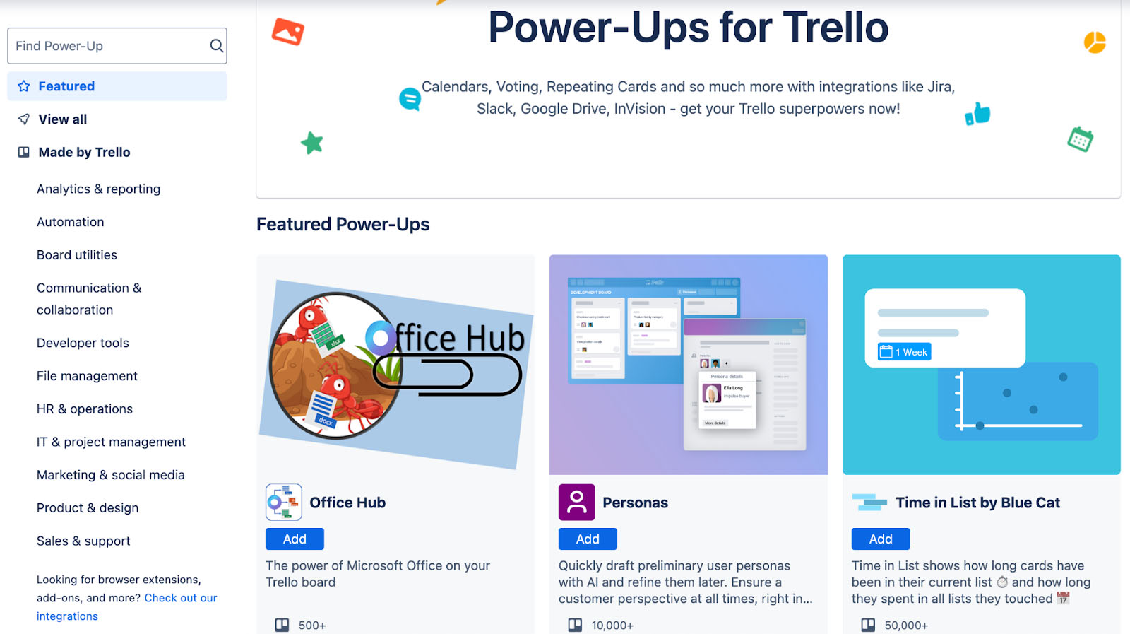 Trello Power-Ups marketplace gallery with third-party app selections.