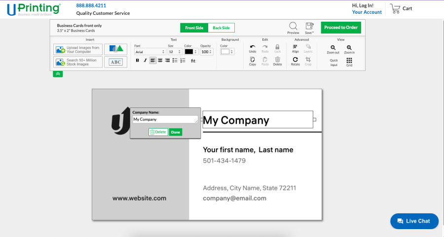 Interface of UPrinting's business card design platform.