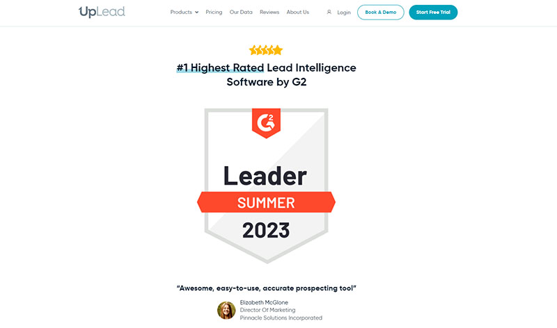 UpLead as G2's No. 1 Highest Rated Lead Intelligence Software.