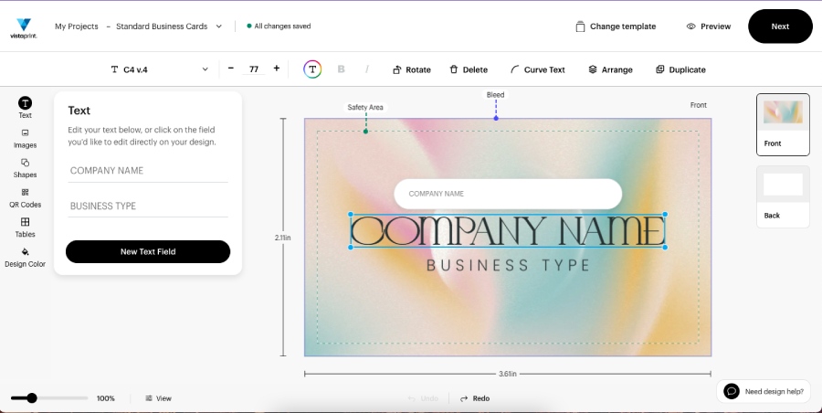 Interface of Vistaprint's business card design platform