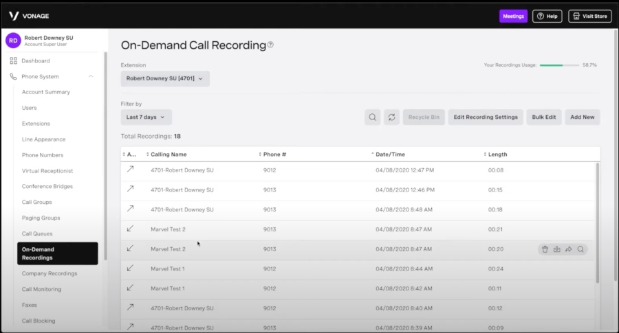 Listing of on-demand call recording records.