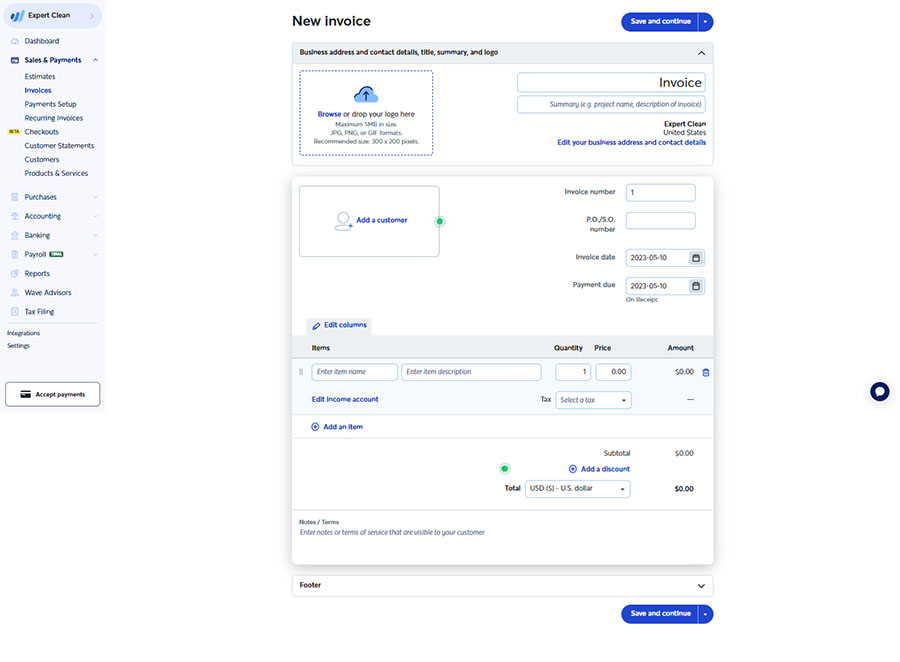 Pull customer information from Wave’s customer directory or add a new customer profile directly from the invoice page.